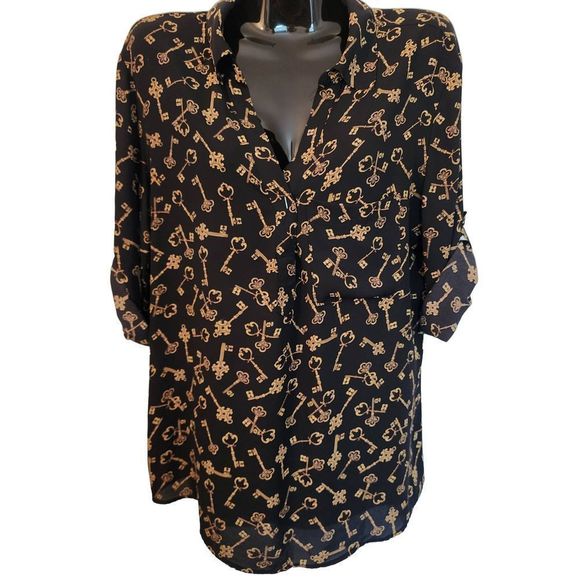 Soho NYCompany Black and Gold Key Print Tunic Blouse adjustable 3/4 Sleeve V-nec - Picture 1 of 4